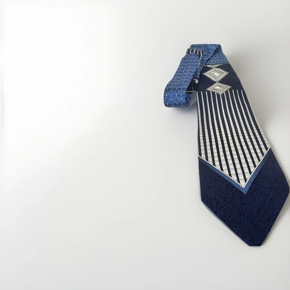 Feraud Dress Tie Blue Solid Print Diamonds Silver 55